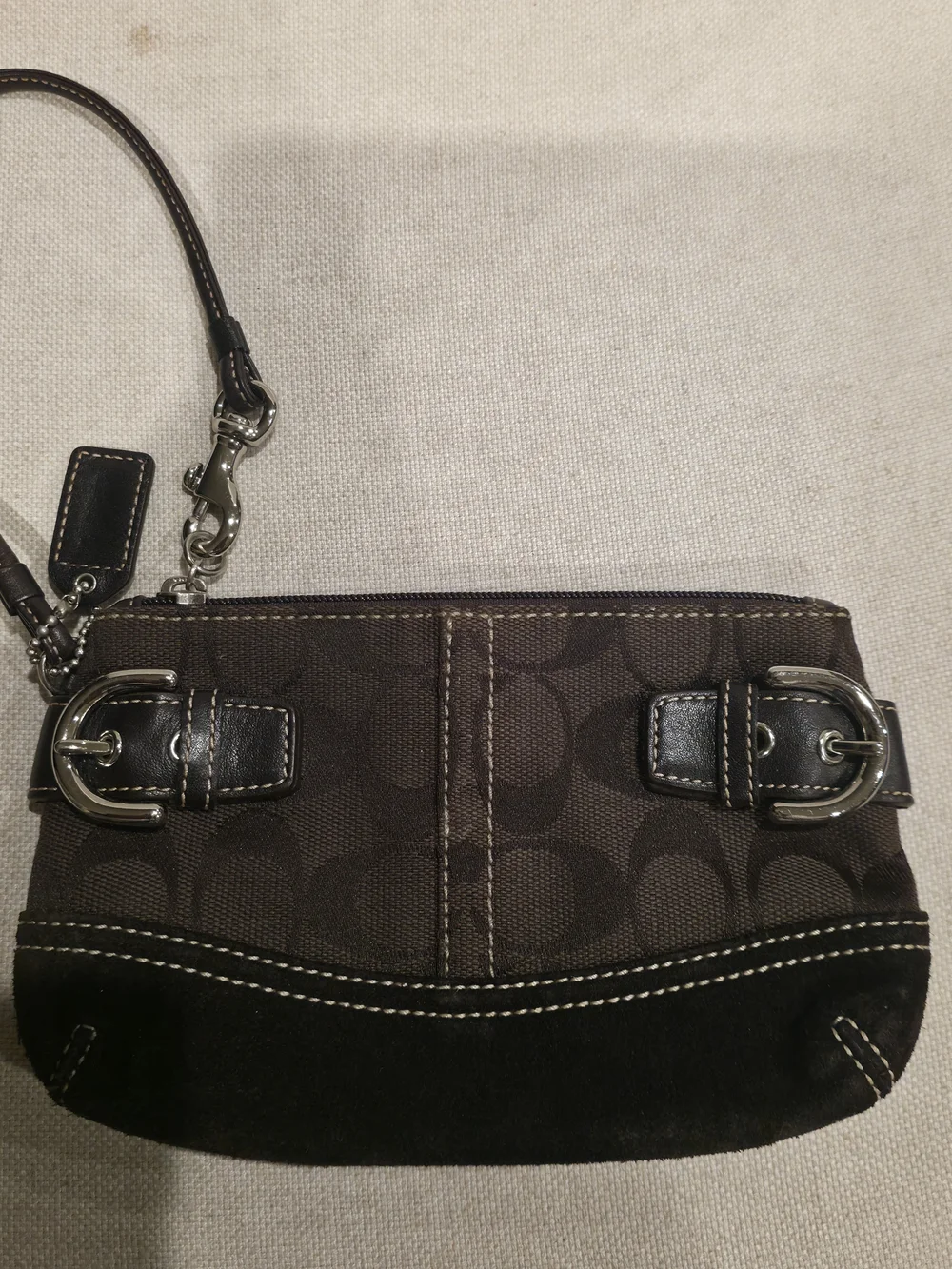 Coach Dark Brown Signature Canvas Wristlet with Black Suede Trim